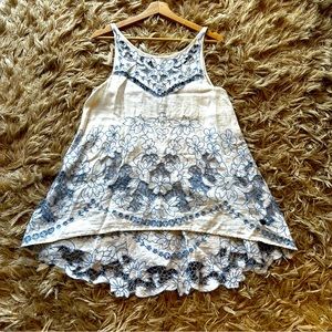 Anthropologie White and Blue Floral Tank Top